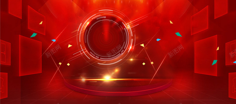 红色狂欢热情bannerpsd设计背景_88icon https://88icon.com 双十二 喜庆 圆圈 婚庆 新年 方块 灯光 狂欢 电光 红色 舞台背景banner