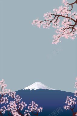 春季樱花富士山日式清新旅游海报背景矢量图背景