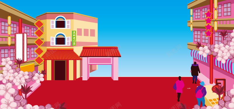 年货大街简约蓝天背景psd设计背景_88icon https://88icon.com 2019 中国风 古典 喜庆 年货 年货节 年货街 新年 新春 猪年 电商 红色