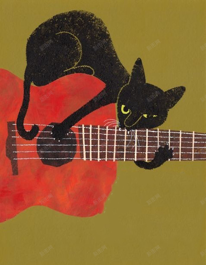 音乐宣传海报psd设计背景_88icon https://88icon.com 创意 吉他 复古 宣传 手绘 红色吉他 音乐 黑猫