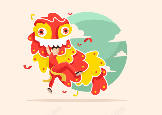 中国风新年节庆舞狮海报贺卡手绘背景矢量图背景