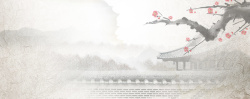 白色雪景中国风水墨淡色梅花亭台楼阁背景高清图片