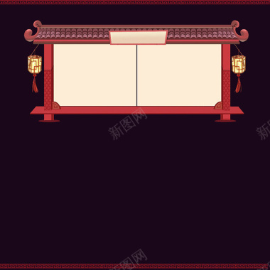 中国风卡通红色屋檐主图背景背景
