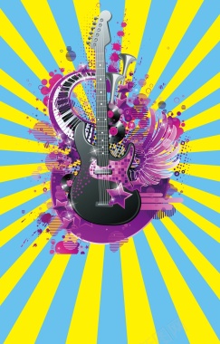 吉他上的紫色花背景矢量图背景