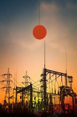 日落下的铁塔电网海报背景矢量图背景