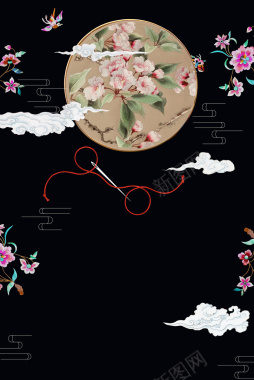 黑色中国风祥云花卉刺绣海报背景背景