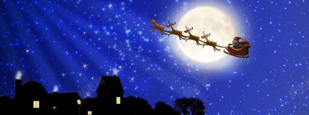 圣诞节背景jpg设计背景_88icon https://88icon.com 促销海报 圣诞老人 小鹿 房子 蓝色夜空 雪橇 雪花
