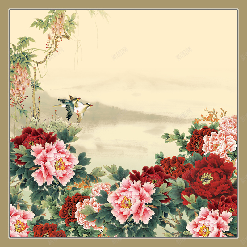 花开富贵海报背景psd设计背景_88icon https://88icon.com 仙鹤 复古画 富贵牡丹 富贵牡丹图片下载 毛笔字 牡丹横 画境 花开富贵