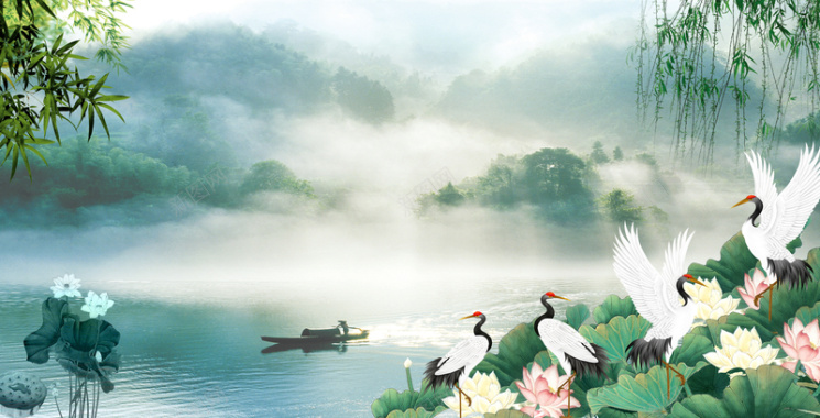 国画中国风和风荷花白鹤背景背景