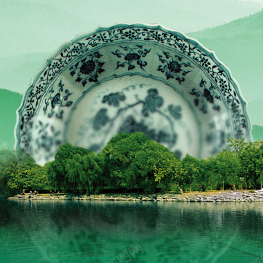 青花瓷山水主图背景背景