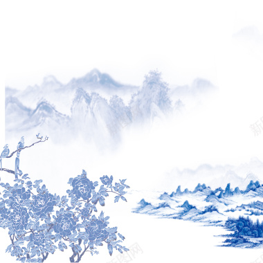 中国风简约水墨山水画梅花蓝色背景