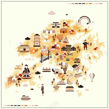 手绘矢量旅游香港景点地图白色海报背景背景