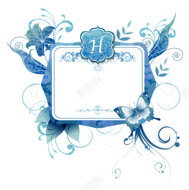 手绘白色卡片蓝色花纹边框背景矢量图背景