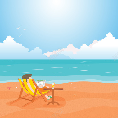 卡通阳光大海沙滩日光浴背景矢量图背景