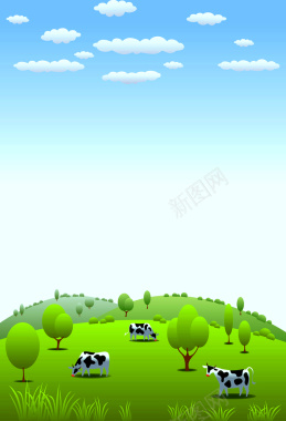 绿色阳光牧场奶牛树木海报背景矢量图背景