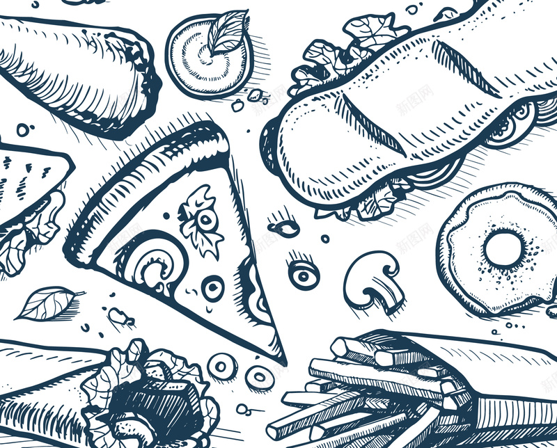 深蓝色手绘食品汉堡披萨背景矢量图ai设计背景_88icon https://88icon.com 单色 手绘 披萨 汉堡 海报 热狗 背景 食品 矢量图