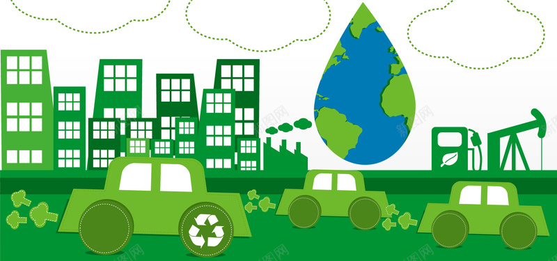 淘宝绿色矢量卡通环保房子汽车低碳地球海报背景