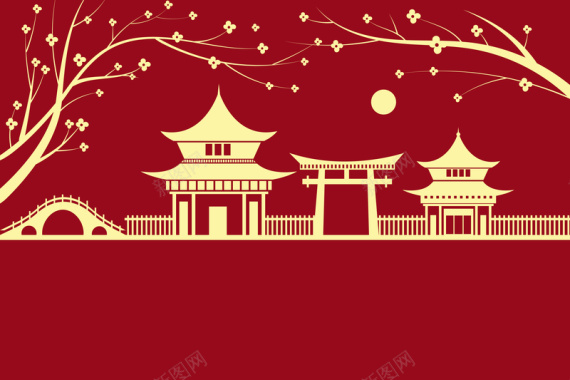 红色中国风梅花亭子月亮背景矢量图背景