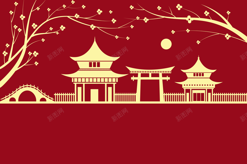 红色中国风梅花亭子月亮背景矢量图ai设计背景_88icon https://88icon.com 中国风 亭子 古典 国风 房檐 月亮 梅花 海报 红色 背景 矢量图