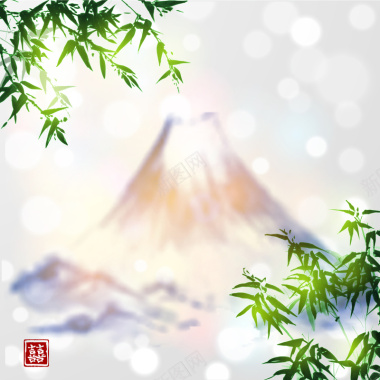 日本富士山水墨竹子光晕背景矢量图背景