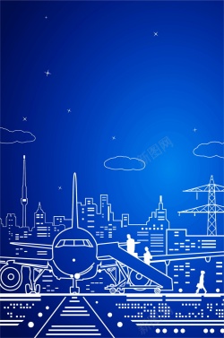 班机飞机与城市插画背景模板矢量图高清图片