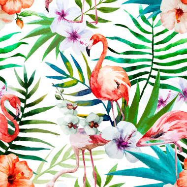 水彩手绘朱槿花和火烈鸟矢量背景背景