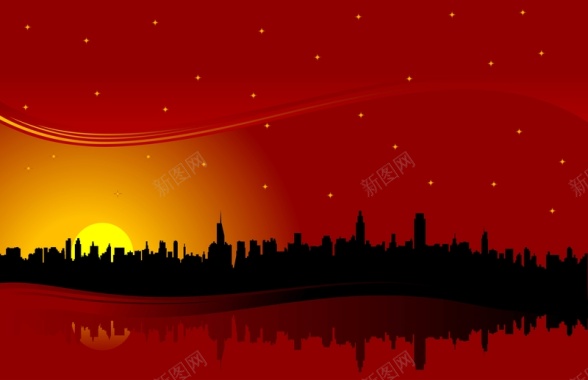 红色天空城市剪影背景矢量图背景