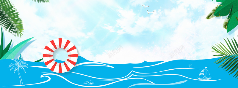夏季海边度假卡通童趣文艺小清新蓝色背景背景