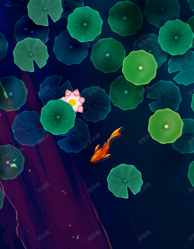 手绘夏日荷塘背景图psd设计背景_88icon https://88icon.com 夏日背景 夏至 夜晚荷塘 手绘背景 红鲤鱼 荷叶 荷塘 荷花