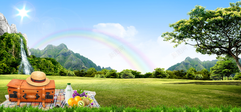 天空彩虹草地旅游帽子远山流水水果箱子大自然海报bannerpsd设计背景_88icon https://88icon.com 大自然 天空 小清新 帽子 彩虹 文艺 旅游 水果 流水 海报banner 简约 箱子 草地 远山