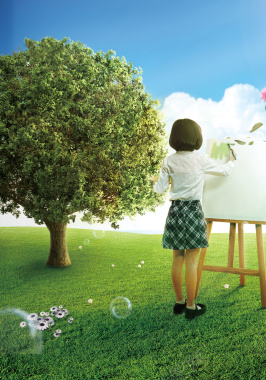 绿树旁边画画的小女孩背景摄影图片