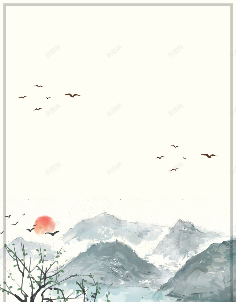 水墨画背景清明节海报psd设计背景_88icon https://88icon.com 4月5 传统文化海报 太阳 树木 水墨画 清明时节 清明海报 清明节 边框 远山 鸟