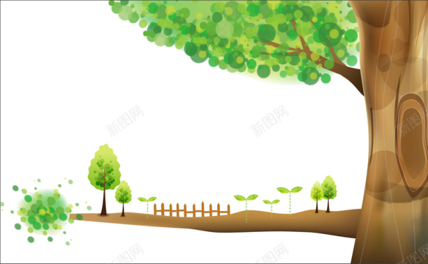 手绘绿色大树叶子篱笆背景矢量图背景
