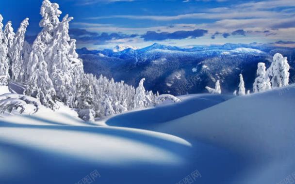 蓝色天空雪山雪树背景