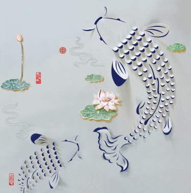 中国风剪纸立体锦鲤背景背景