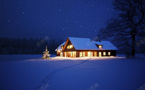 冬季夜晚白雪地房子海报背景背景