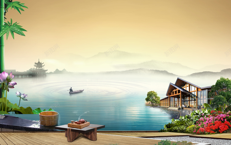 唯美意境温泉旅游背景jpg设计背景_88icon https://88icon.com 中国风 享受 娱乐休闲 山水 度假村 水池 温泉广告 温泉旅游背景 温泉酒店 生态旅游 茶道 荷花 远景 酒店