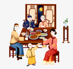卡通手绘中国风一家人年夜饭素材