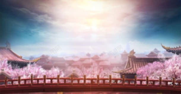 中国风卡通亭台楼阁粉色花朵海报背景背景