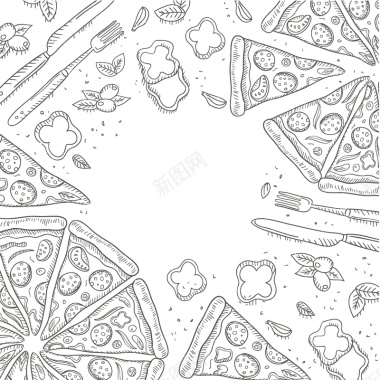 手绘灰色西餐披萨刀叉背景矢量图背景