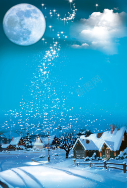 蓝色夜空星空圆月冰雪村庄风景背景摄影图片