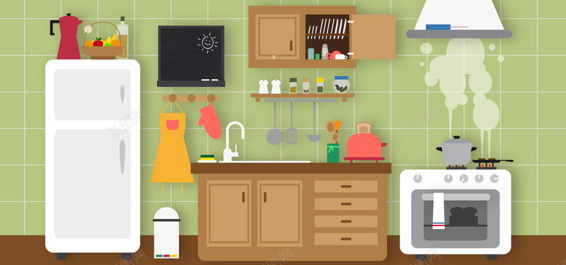 淘宝矢量卡通整洁绿色厨房冰箱微波炉海报背景