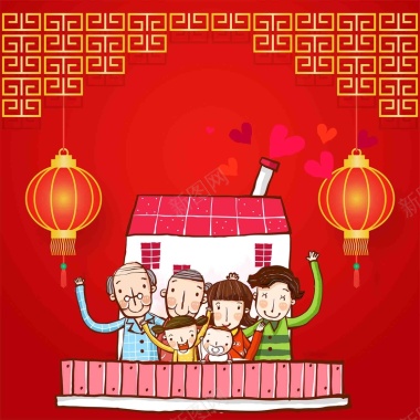 春节回家团聚一家人老人小孩子灯笼海报背景矢量图背景