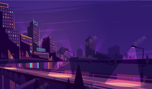 夜晚城市高架桥插画矢量图背景