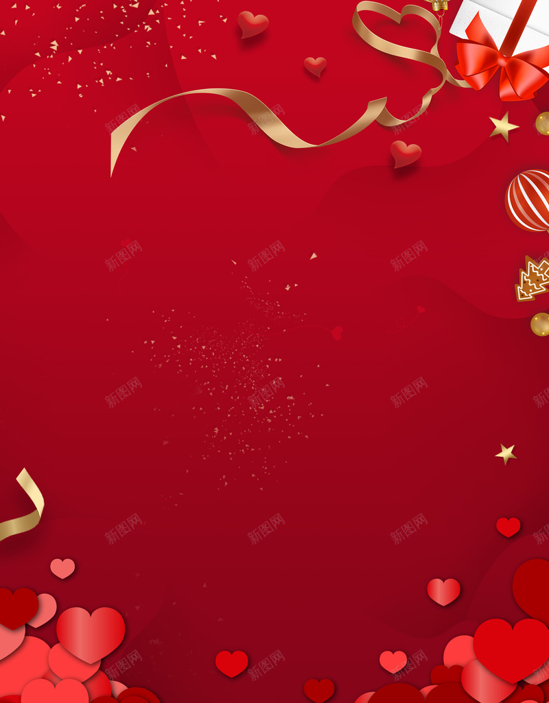 红色圣诞节元素背景图psd设计背景_88icon https://88icon.com 丝带 巧克力 心形剪纸 礼盒元素 质感球
