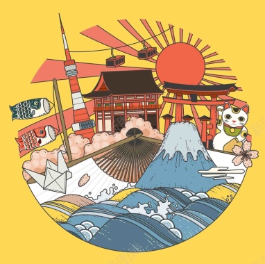 手绘矢量旅游日本景点樱花招财猫和服海报背景