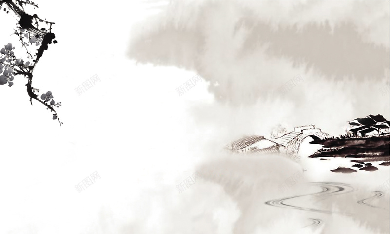 中国风水墨花朵房屋小桥背景矢量图ai设计背景_88icon https://88icon.com 中国风 房屋小桥 水墨花朵 背景 矢量图