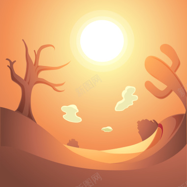 西部沙漠卡通烈日背景矢量图背景