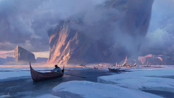 划船渔民冰雪湖面背景