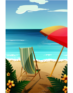 手绘夏日海滩风景旅游平面广告矢量图背景